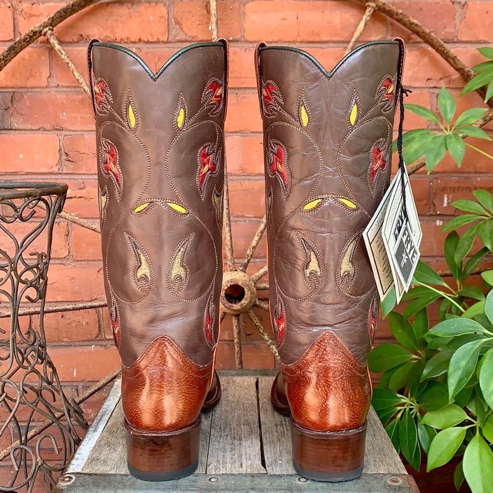 FRYE NEW Floral Inlay Brown Leather Boots 8 - Picture 6 of 11